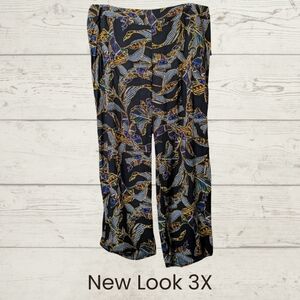 New Look 3X Black Pull On Palazzo Pants with Gold and Blue Design NWT
